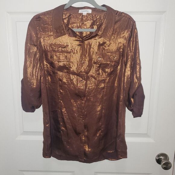 Calvin Klein Metallic Brown Button Down Shirt - Picture 1 of 6
